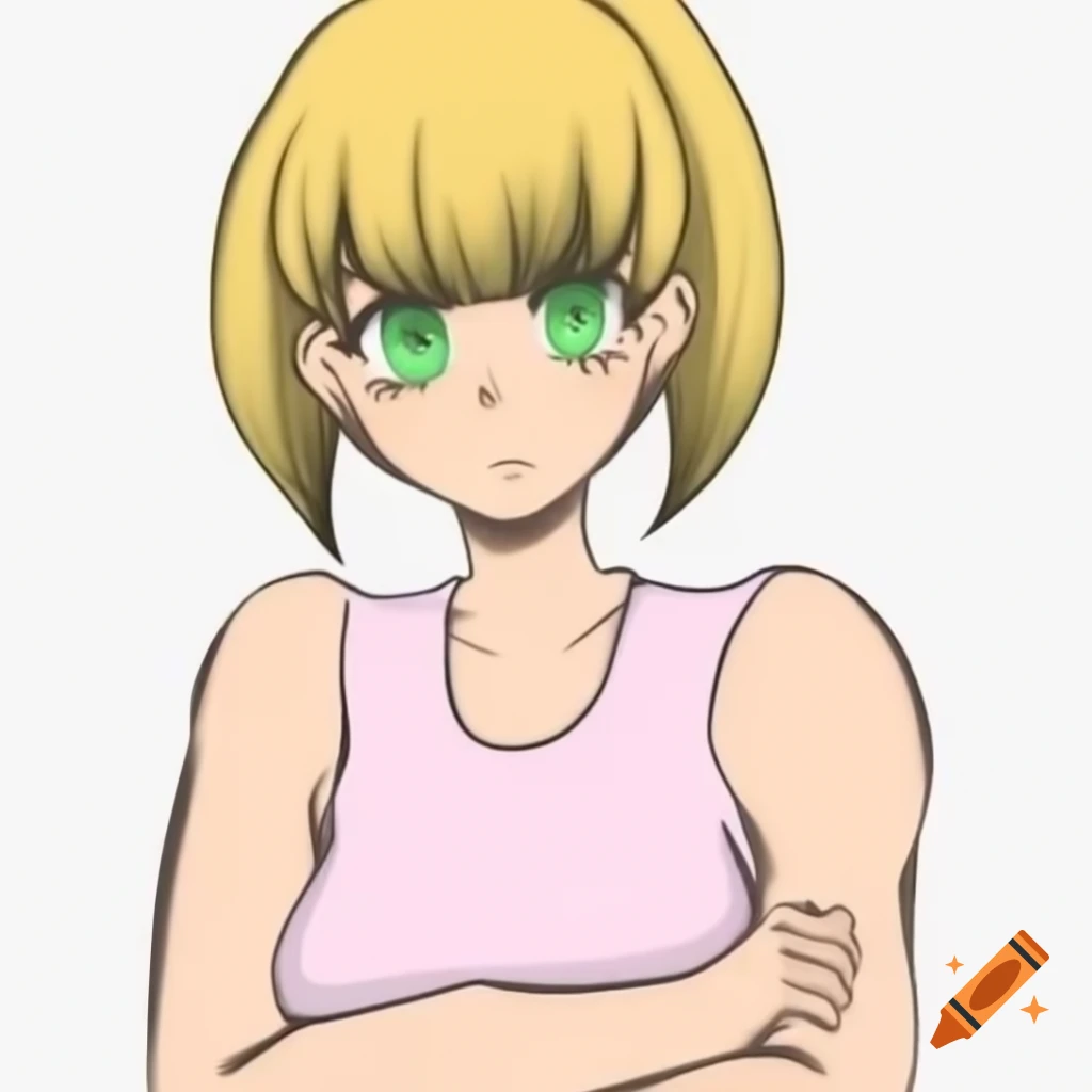 Anime girl with blonde hair and dark green eyes in pink sleeveless shirt, arms crossed
