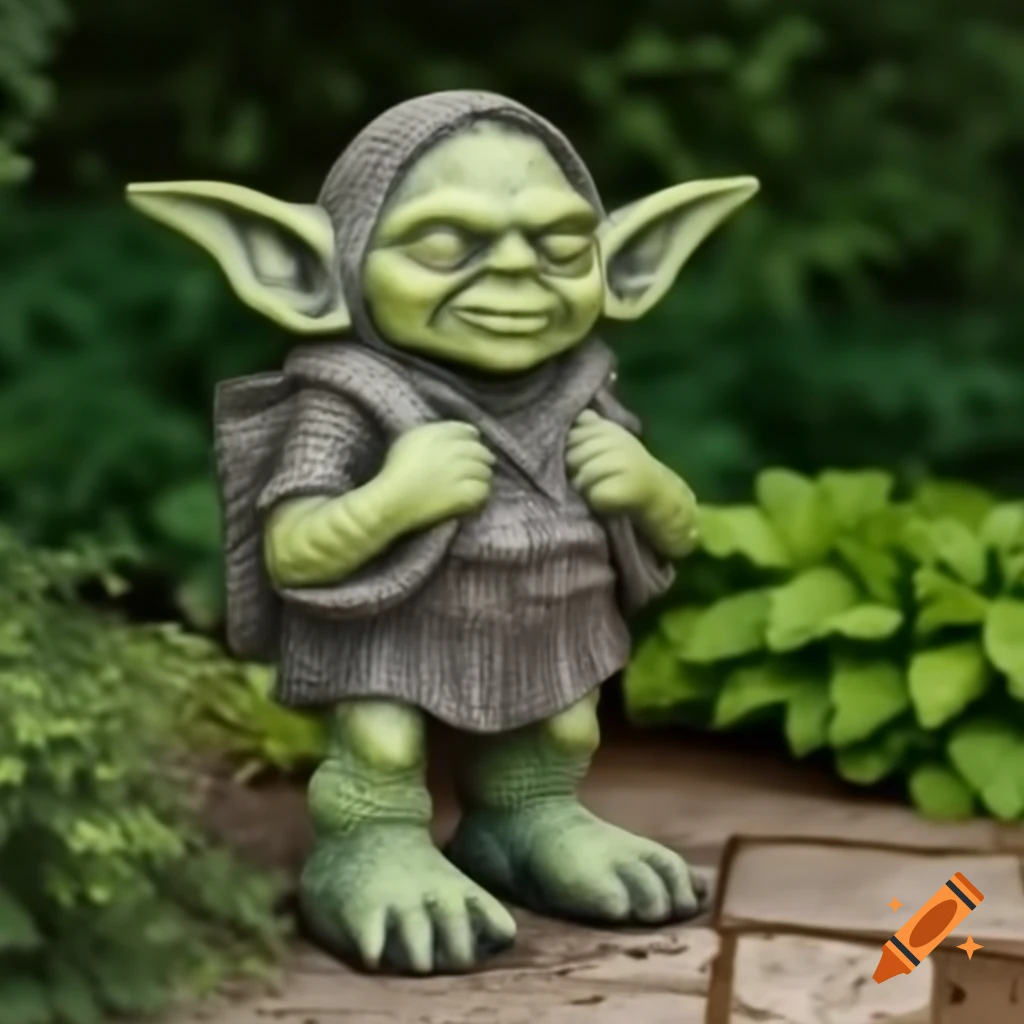 Concrete garden statue of a goblin with a backpack