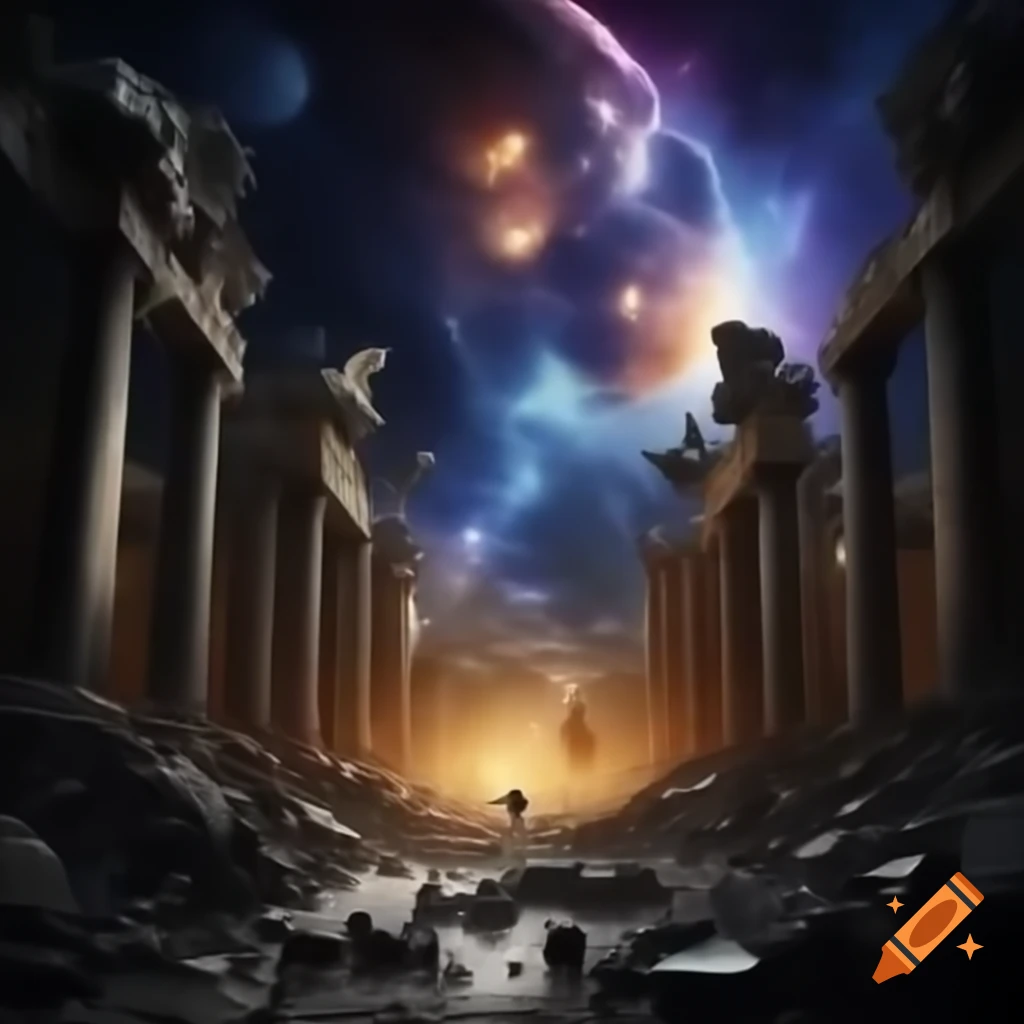 Surreal cosmic dream war aftermath with ruins and destruction, suggesting mystery