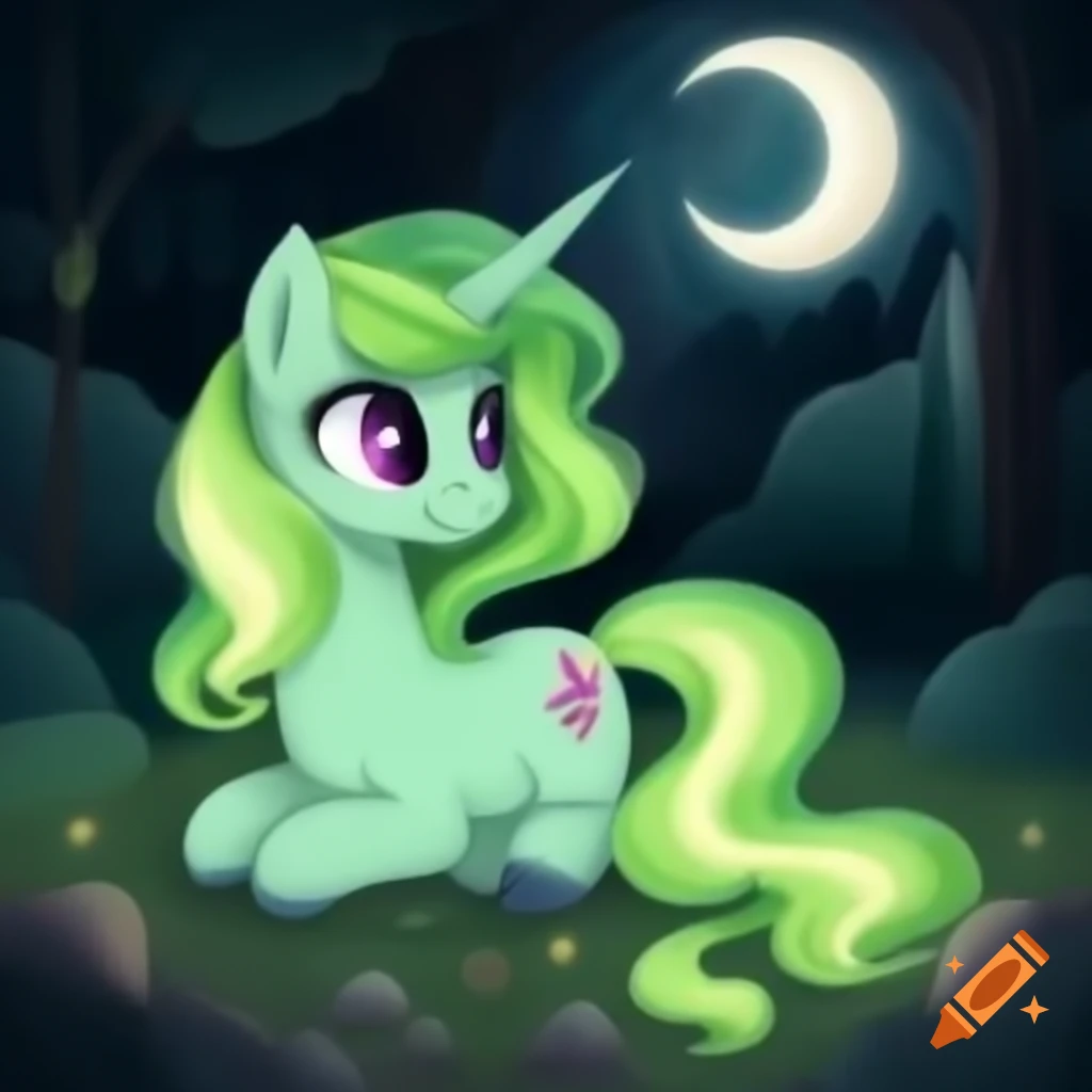 Cute green pegasus with aurora hair by forest entrance looking at stars and moon
