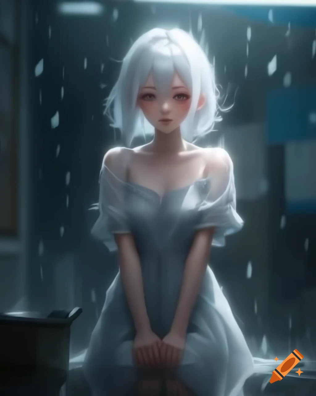 Anime woman with white hair and dress in the rain