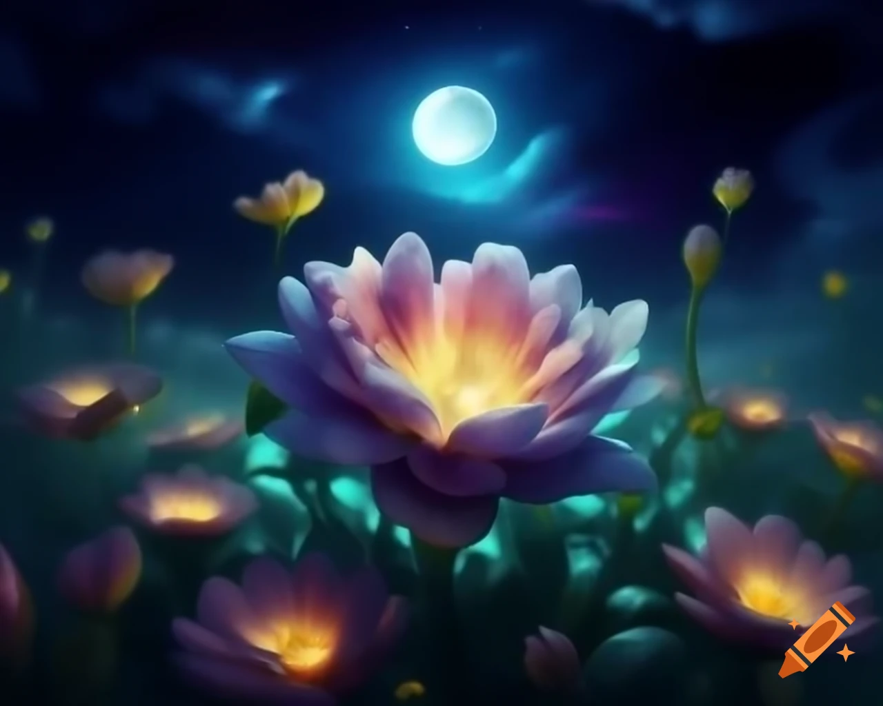 Aurora colored flower blooming under night sky with auroras and full moon