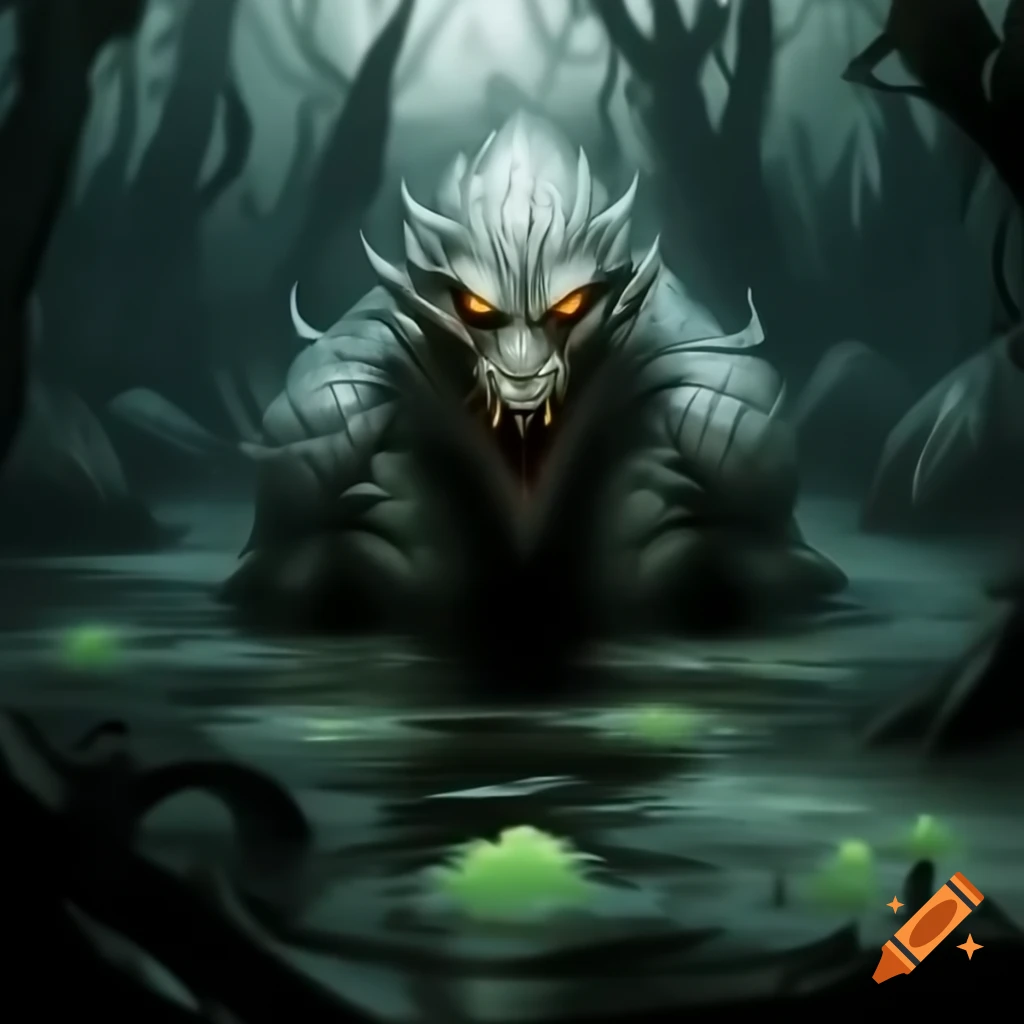Evil water creature lurking in dark swamp with green weeds