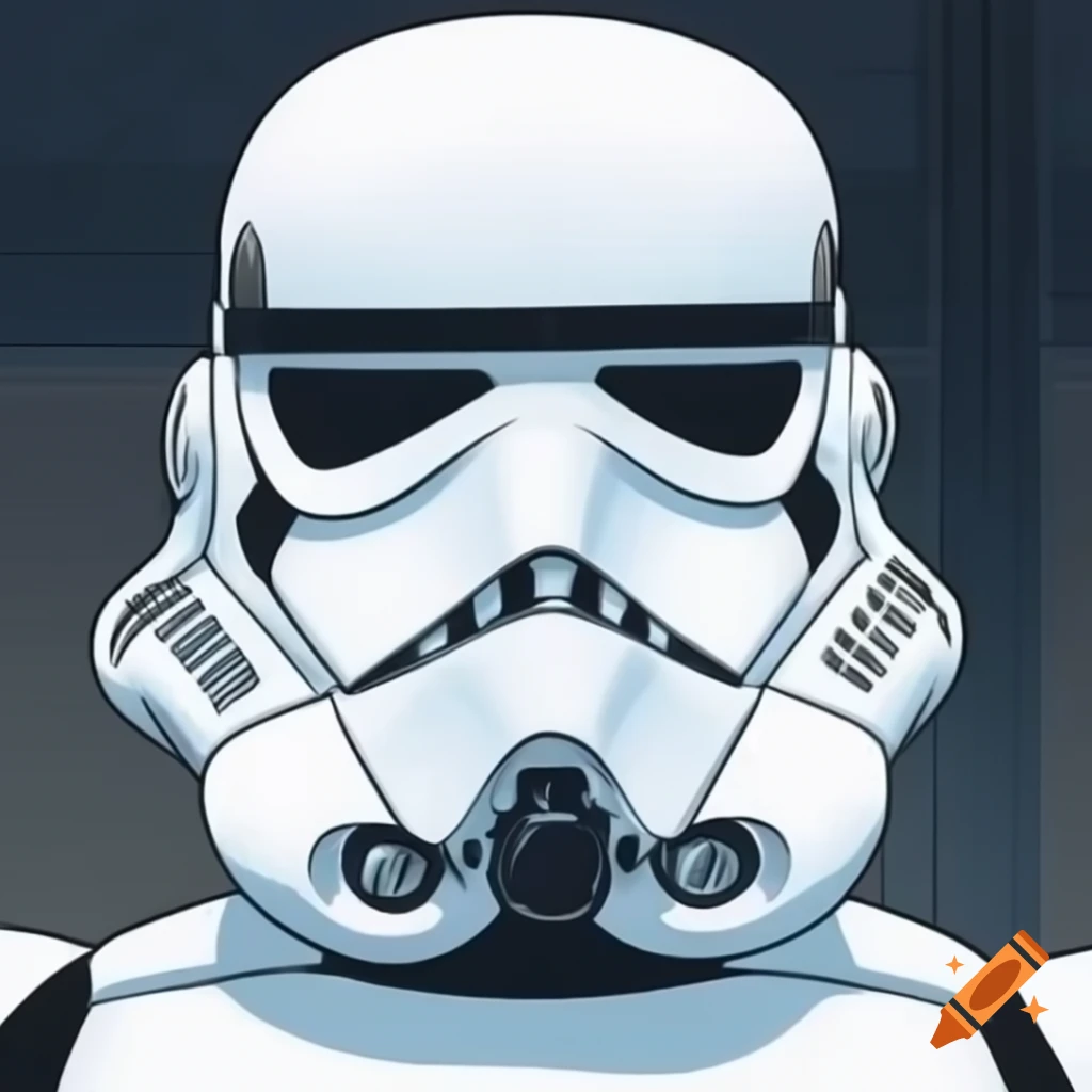 Anime-style Stormtrooper close-up smiling with detailed lines in white and blue
