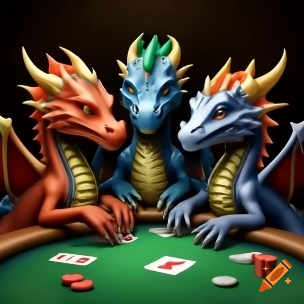 Five colorful dragons playing poker