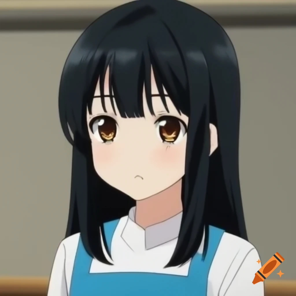 Young anime market seller with straight black hair and brown eyes in white dress and blue apron
