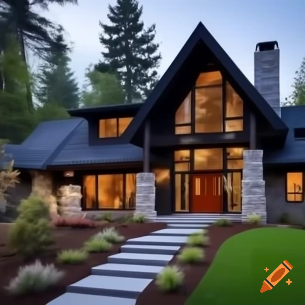 Modern house front door in wooded area with stone and wood materials