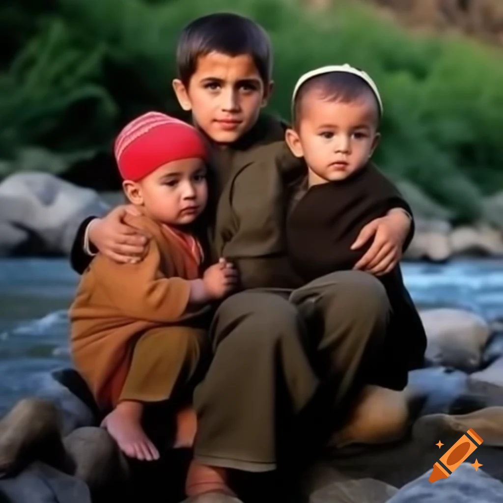 Iranian family with two children beside a river