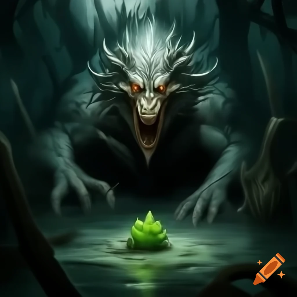 Evil water creature lurking in dark swamp with green weeds