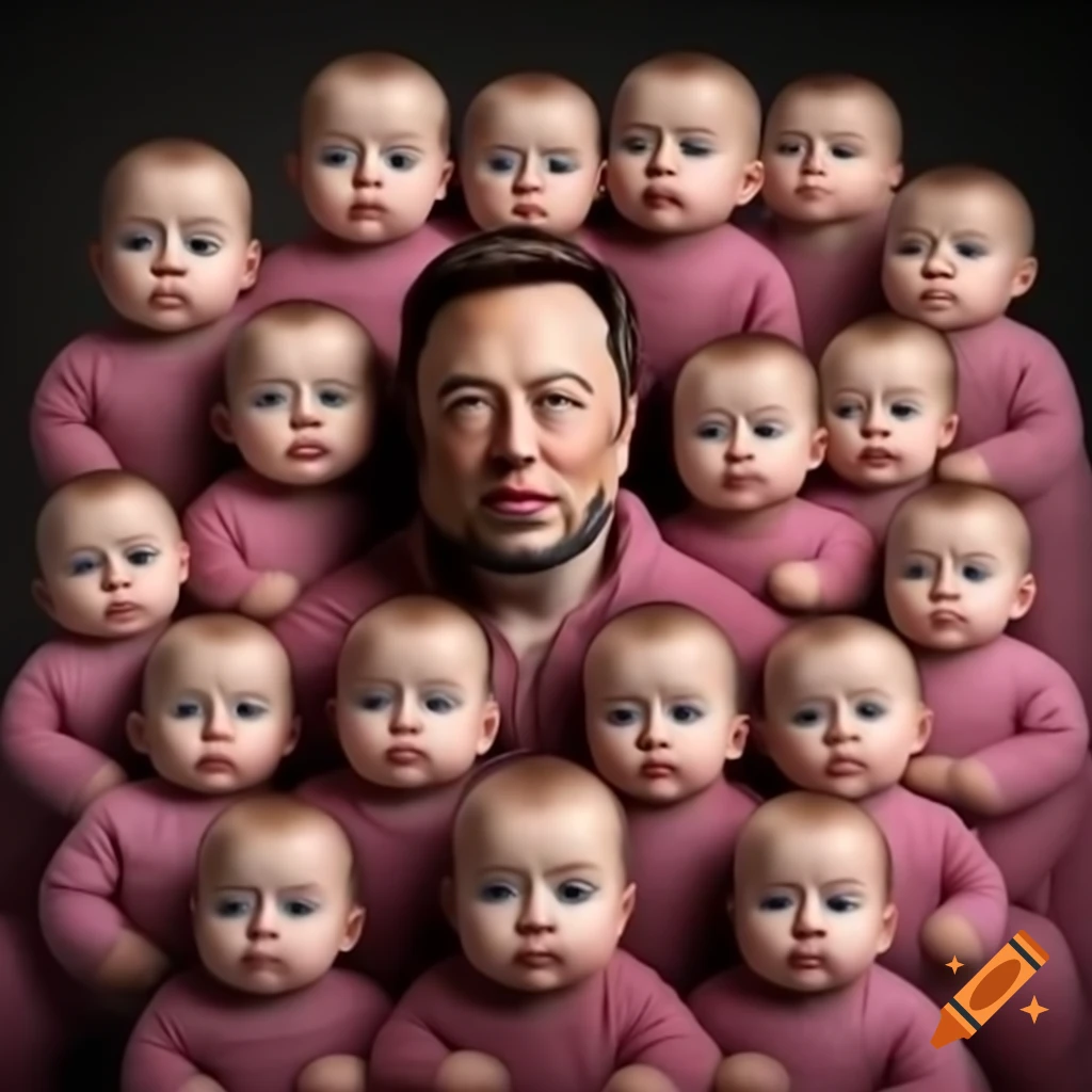 Elon Musk in pink onesie surrounded by twelve babies, photorealistic, humorous details