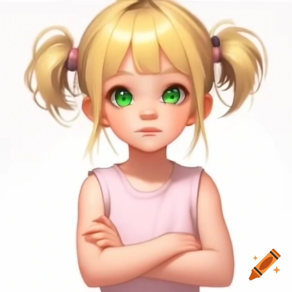 Anime girl with blonde hair and green eyes in light pink t-shirt, arms ...