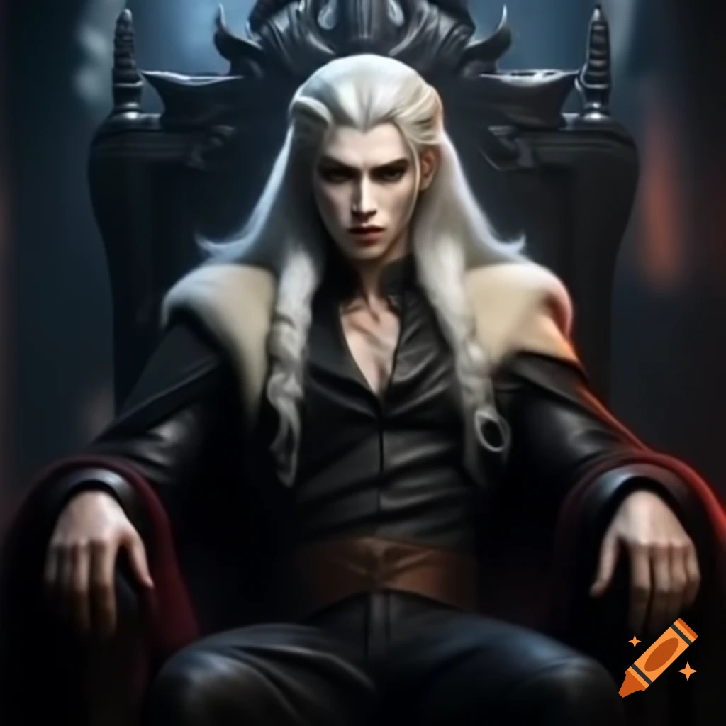 Vampire Prince with white hair and yellow eyes seated on a black throne