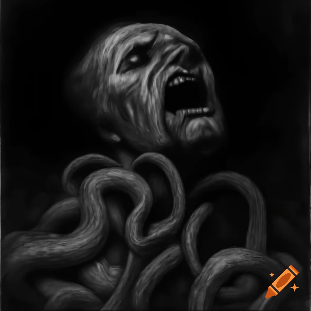 Eerie ink drawing of a man with tentacle head at night, detailed style