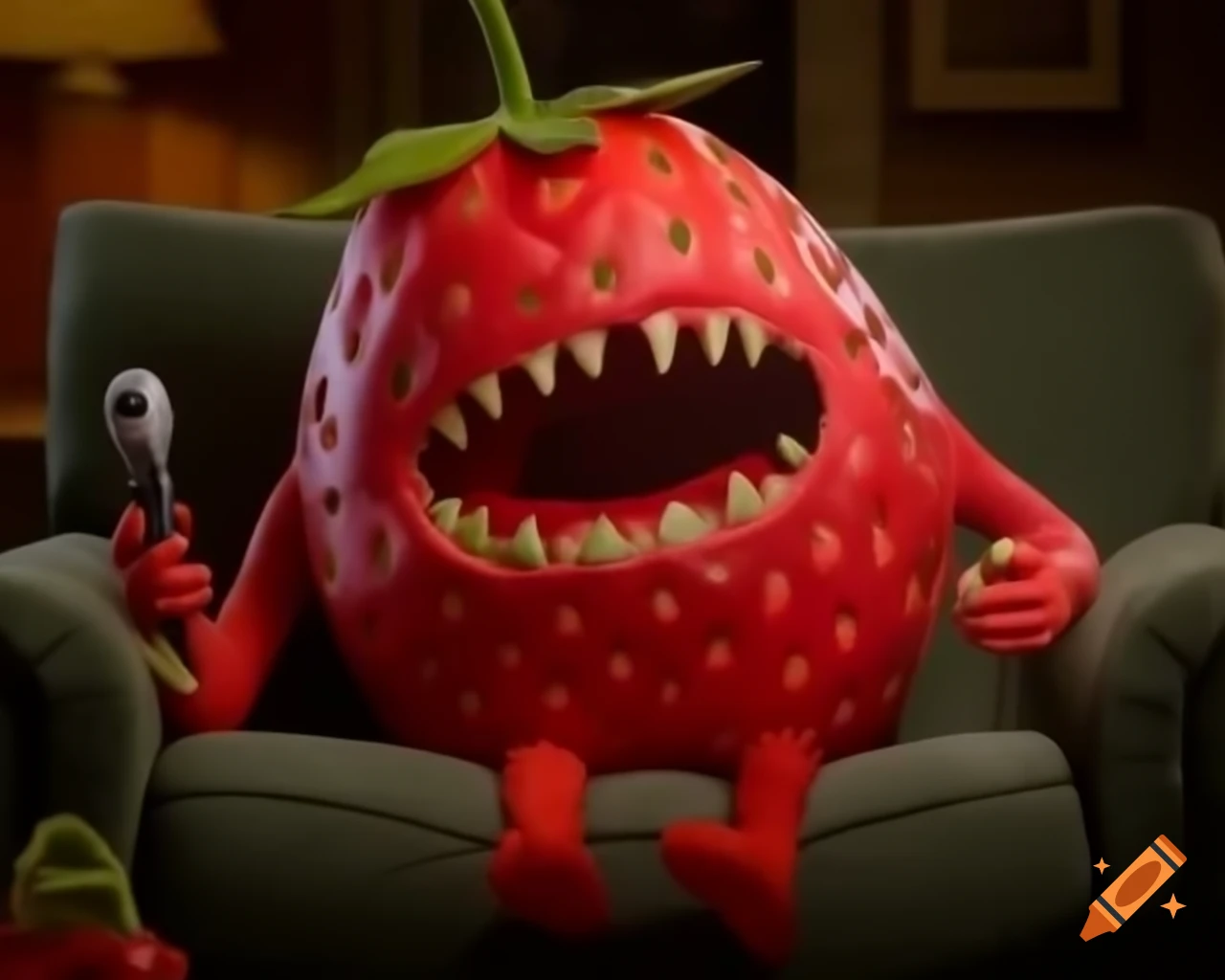 Strawberry alien monster sitting on mini sofa with remote watching TV