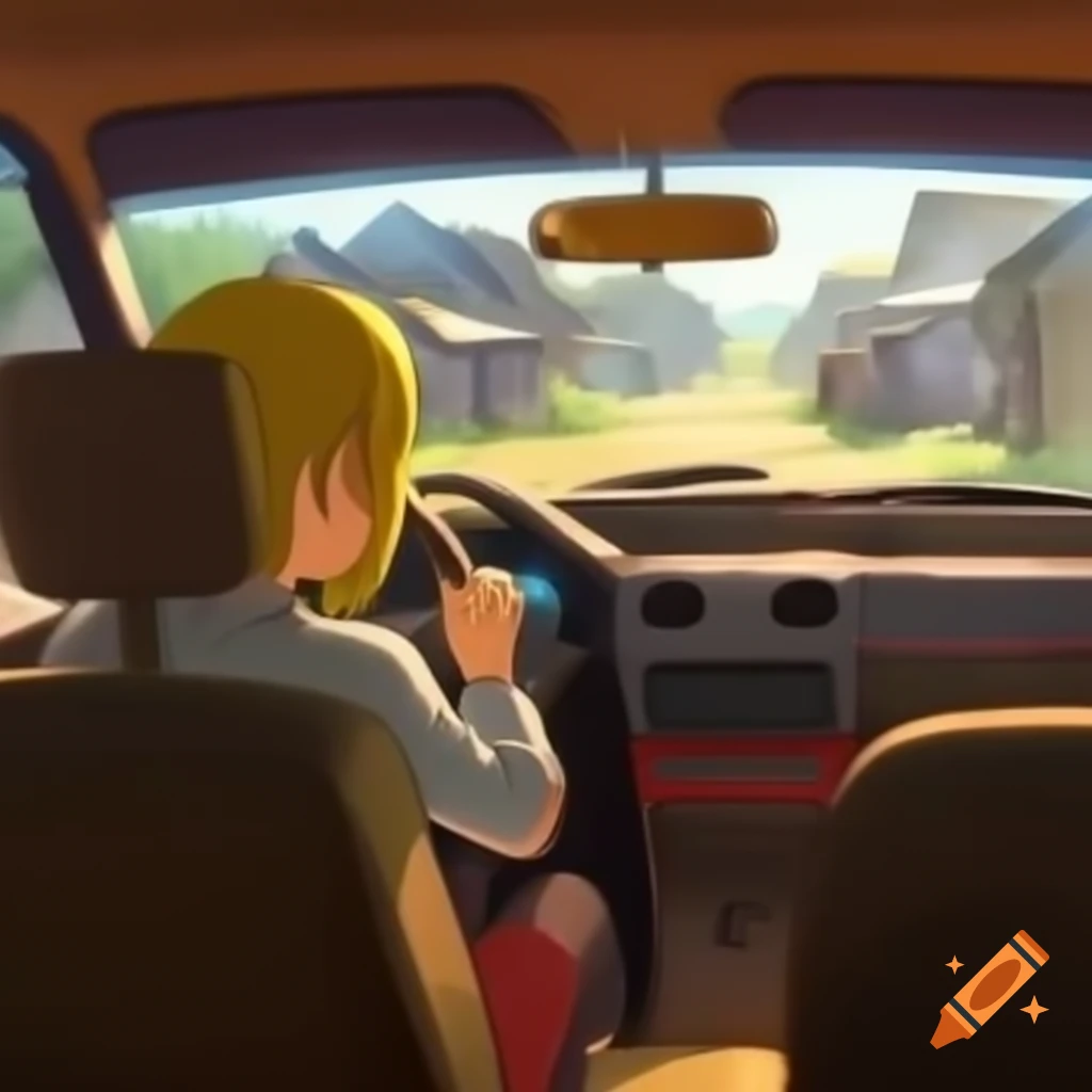 Person driving car through a picturesque village