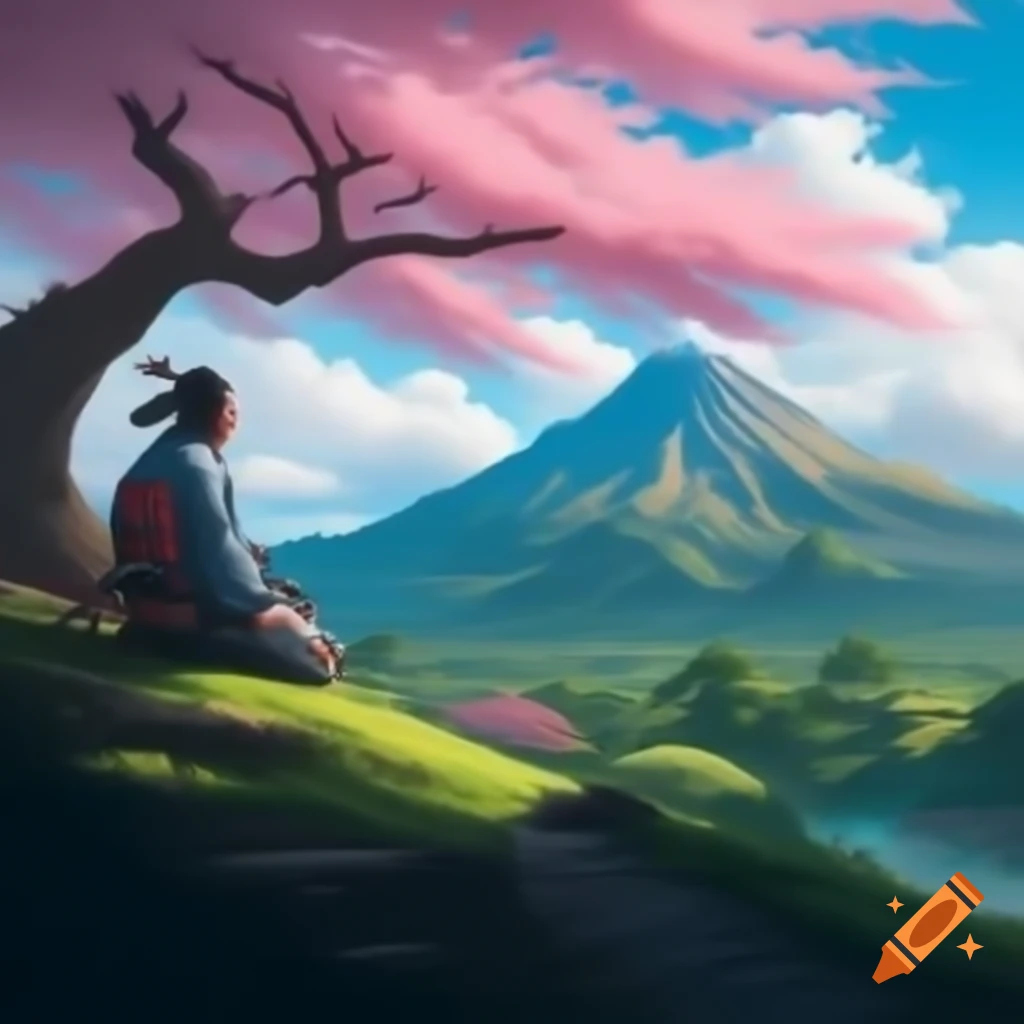 Samurai under sakura tree with Mount Fuji in the background