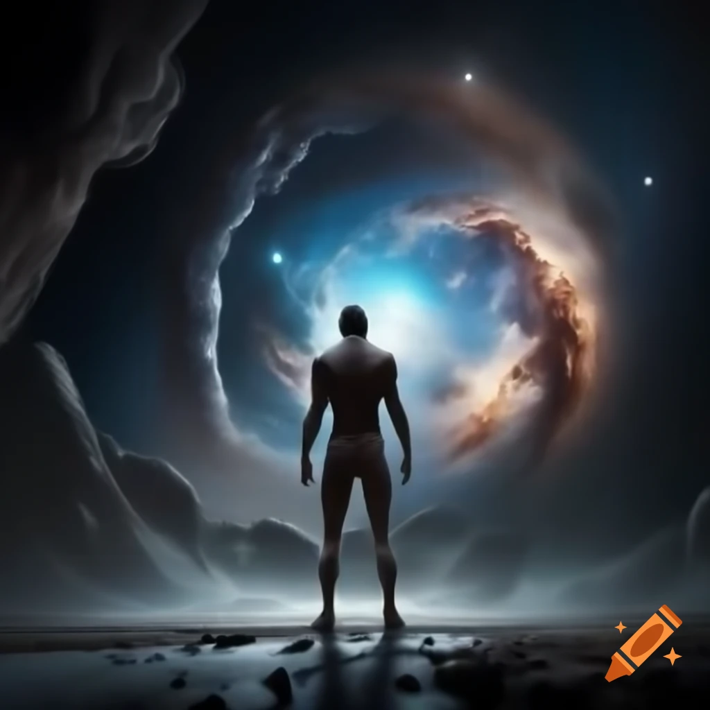 Human figure with cosmic body filled with galaxies and stars