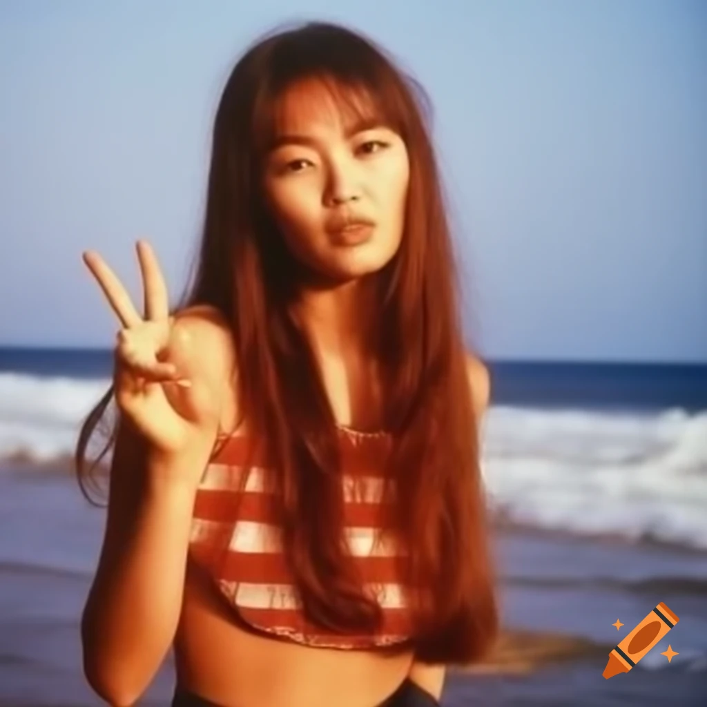 1980s japanese idol in harajuku style on palm beach vintage city pop