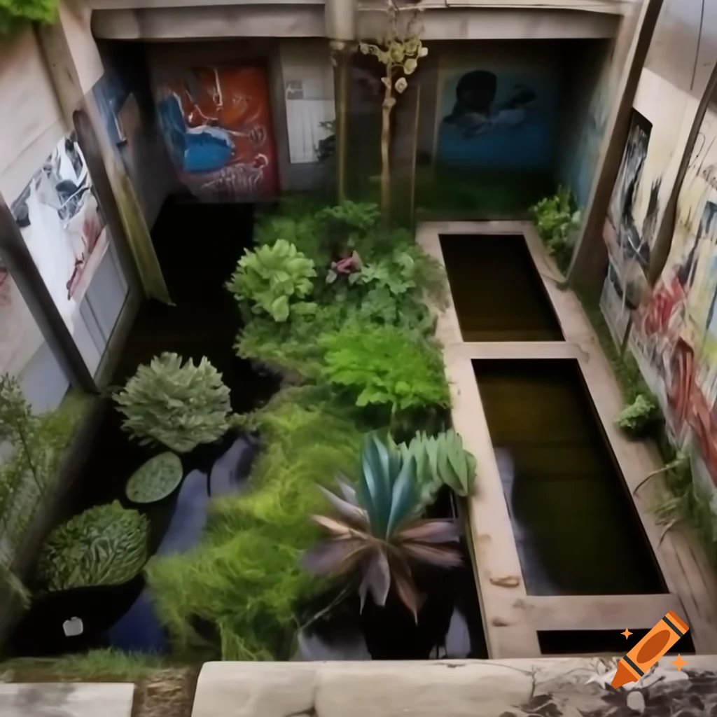 Hidden pond garden in an alleyway with concrete and graffiti, realistic detail
