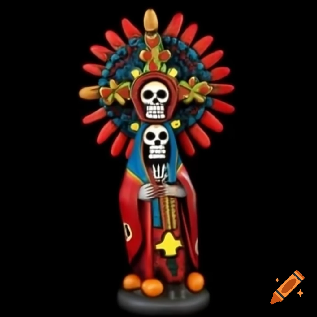 Detailed full-body Santa Muerte figure with vibrant colors