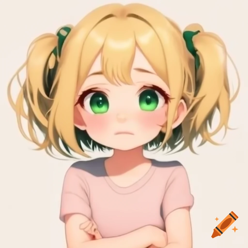 Anime-style girl with blonde hair and dark green eyes in pink sleeveless shirt