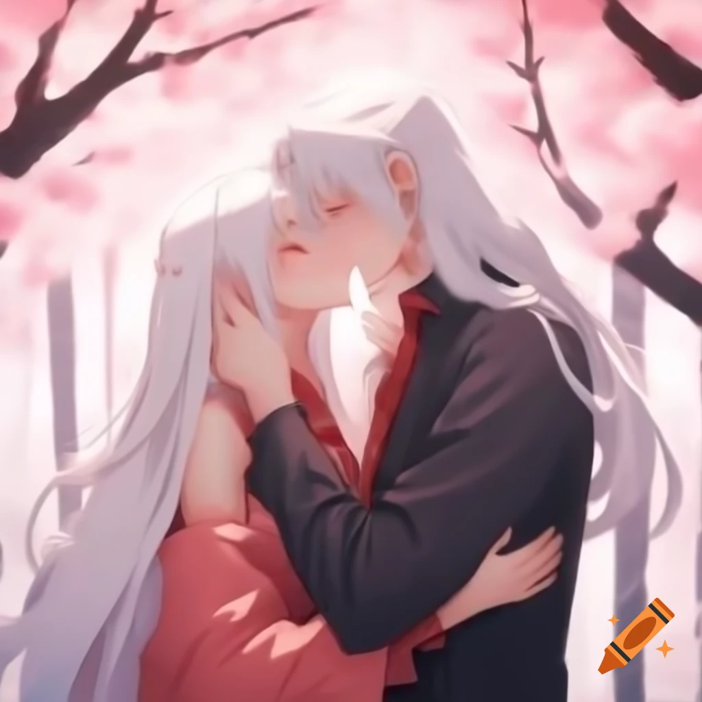 Anime couple with white hair sharing a kiss under a sakura tree
