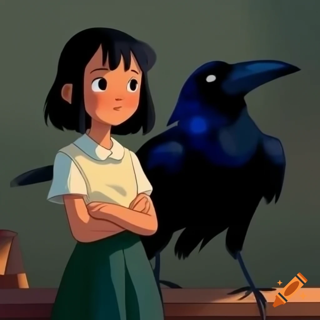 Girl and raven illustrated in Studio Ghibli style