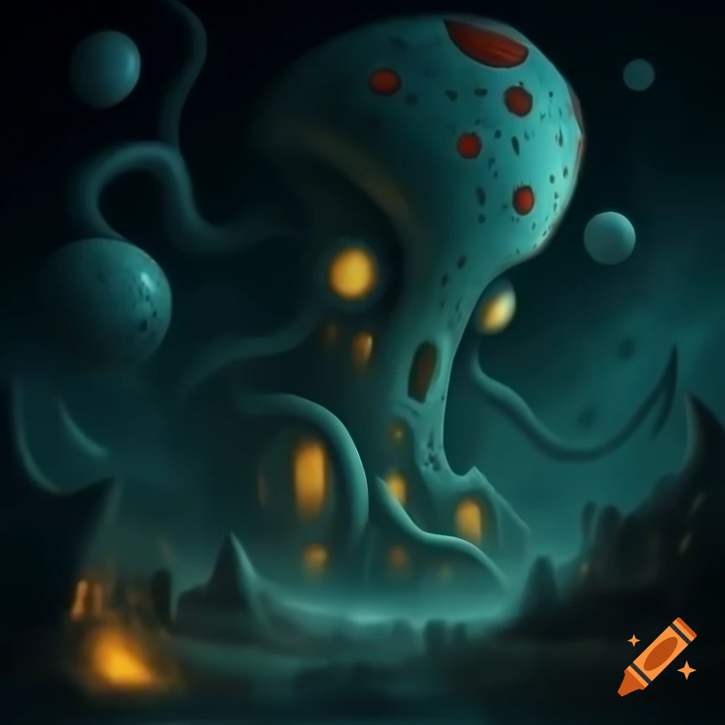 Surreal fantasy illustration of an alien house in dark style