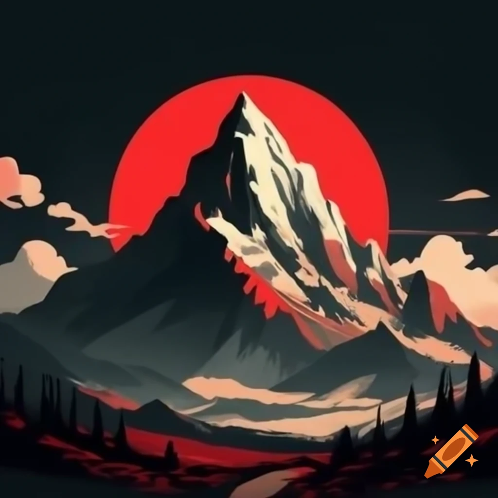 Minimalist travel poster of tall mountain with red and black colors and dark skies