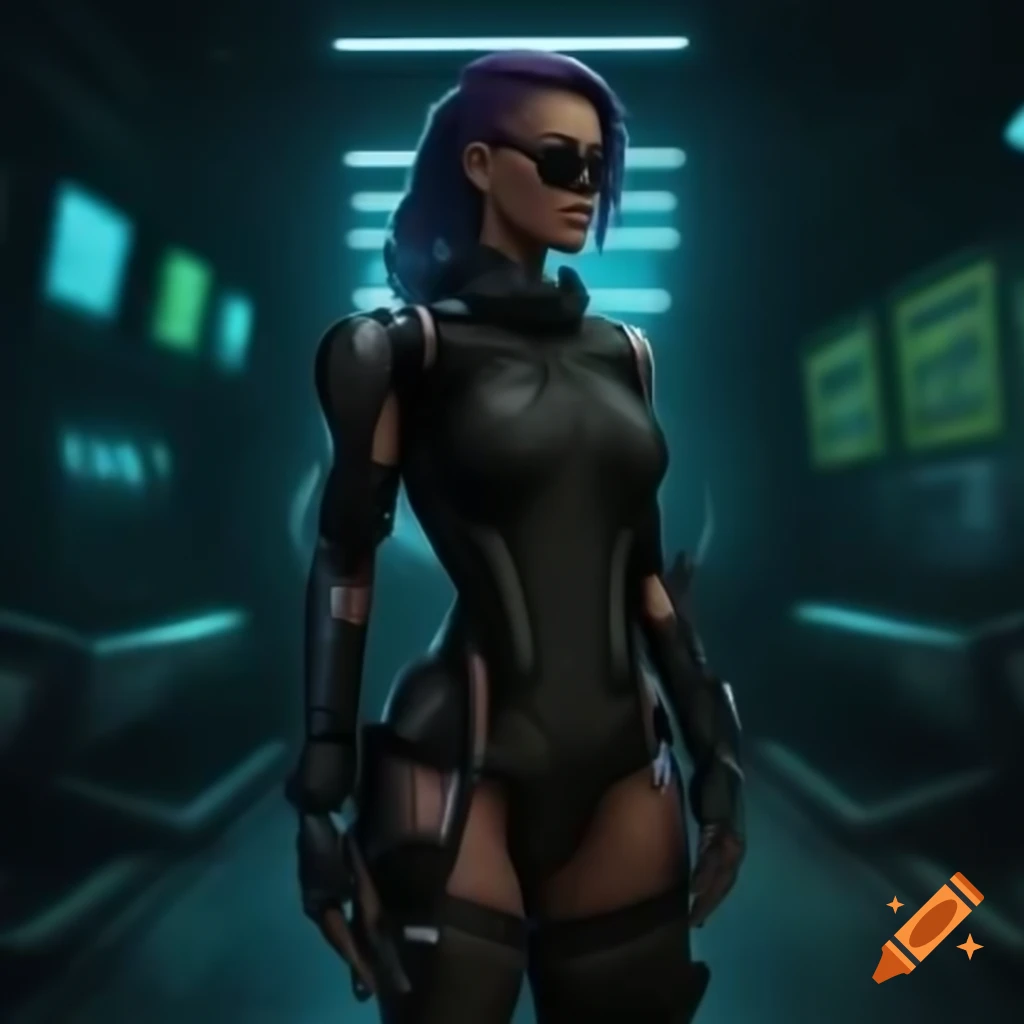 Realistic androgynous woman in various poses, semi-human semi-android, in black and gold attire, cyberpunk style