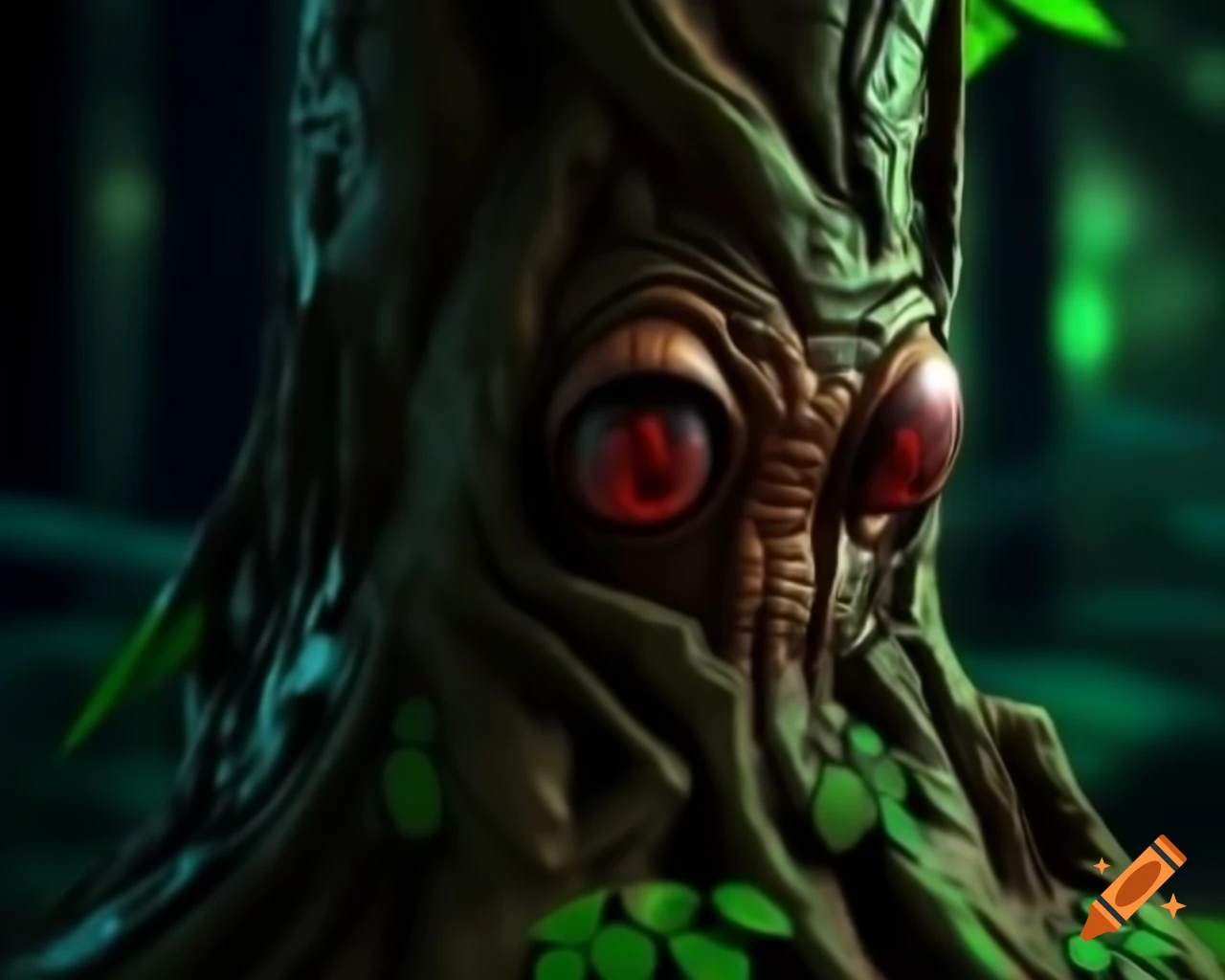 3D CGI anime tree monster with humanoid bark face and trees growing on body