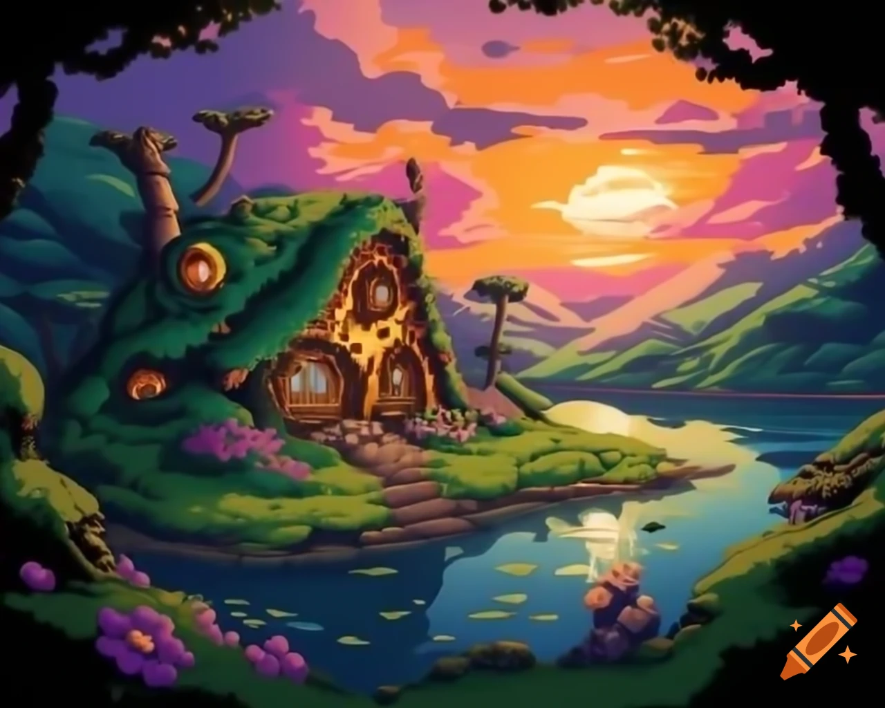 Pixel art of hobbit house by lake with sunset, moss, and flowers