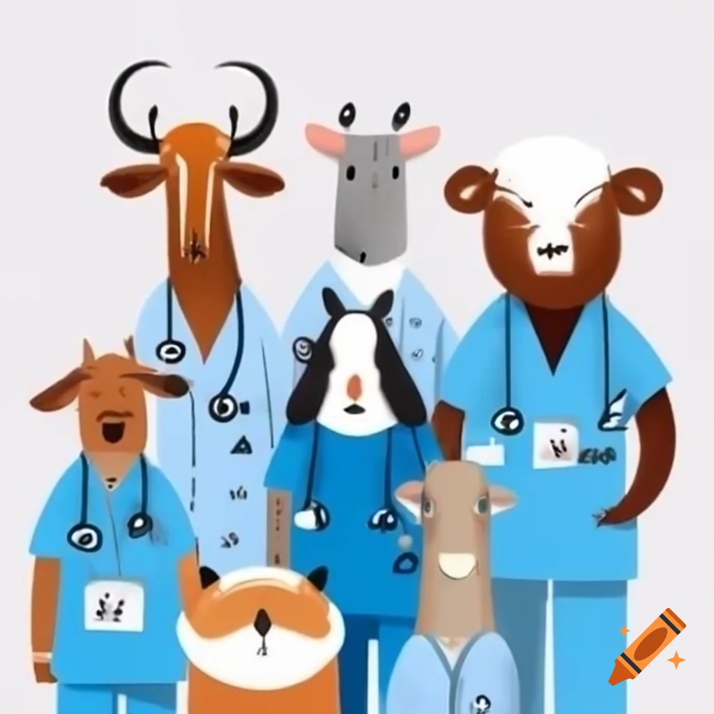 Diverse cartoon animals in medical scrubs with stethoscopes