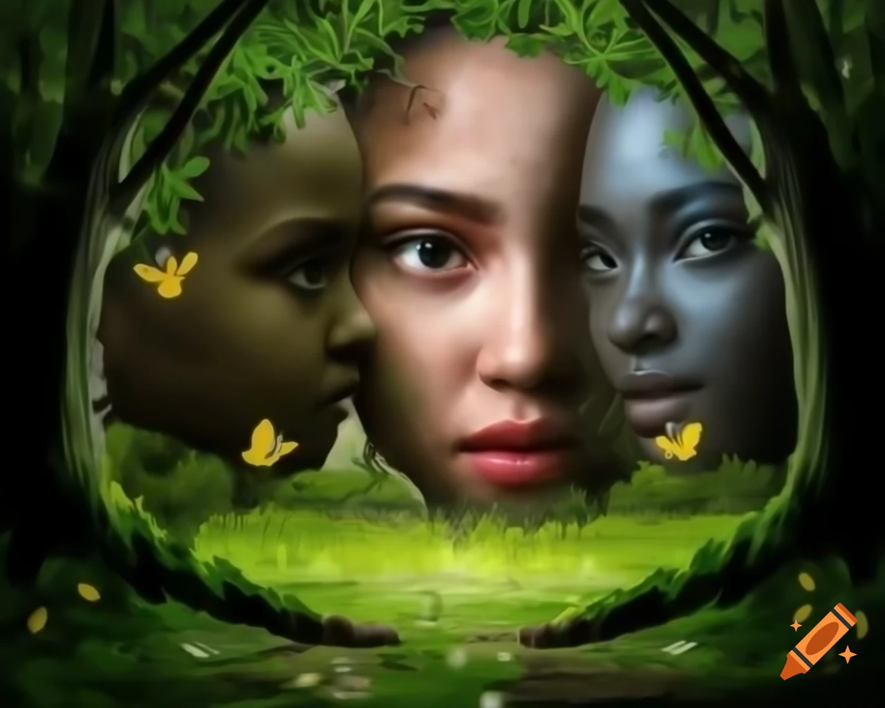 3D render of woman's face in forest with old growth trees, showcasing naturalism