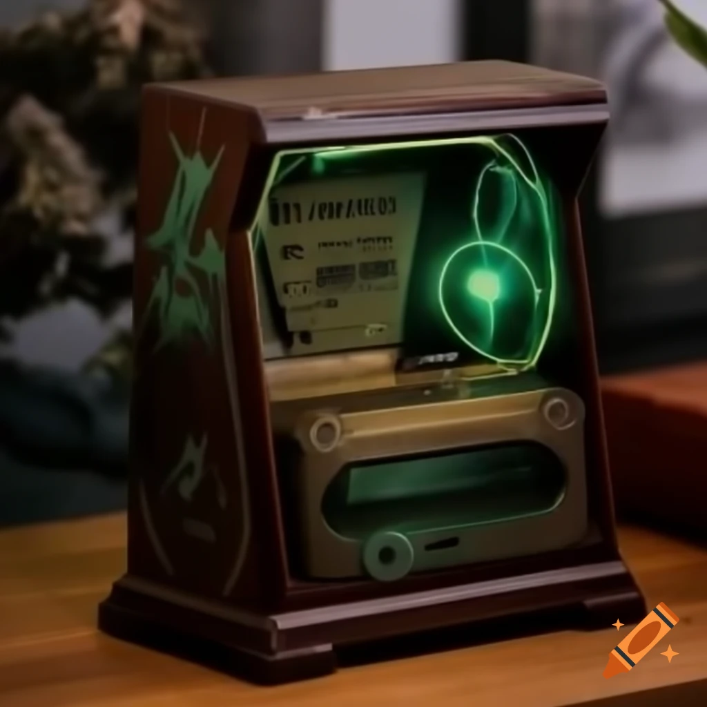 90's urban fantasy home game console fueled by magic energy with pocket dragon