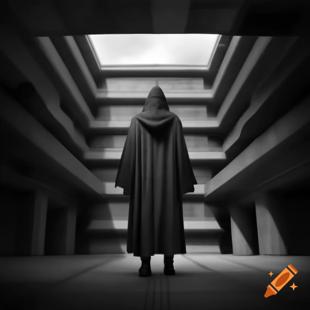 Hooded robed figure in Brutalist outdoor courtyard, monochrome