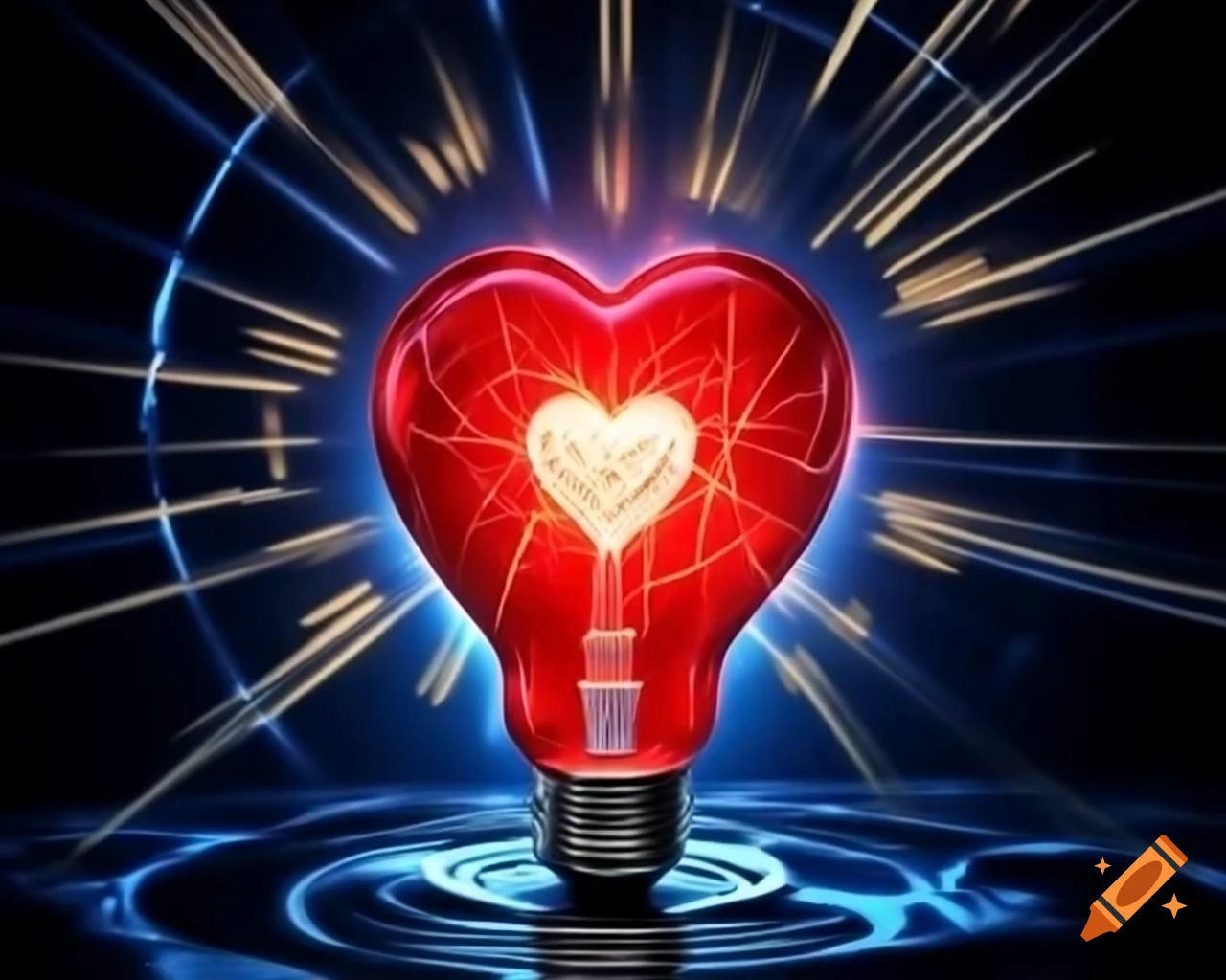 Red glowing metal heart with energy lightning inside light bulb against blue and golden background