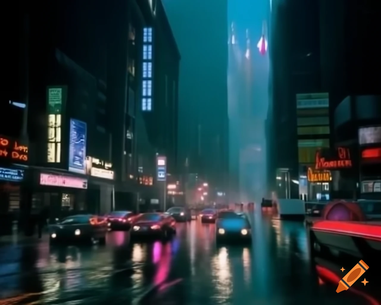 Cinematic night cityscape with neon lights and towering skyscrapers