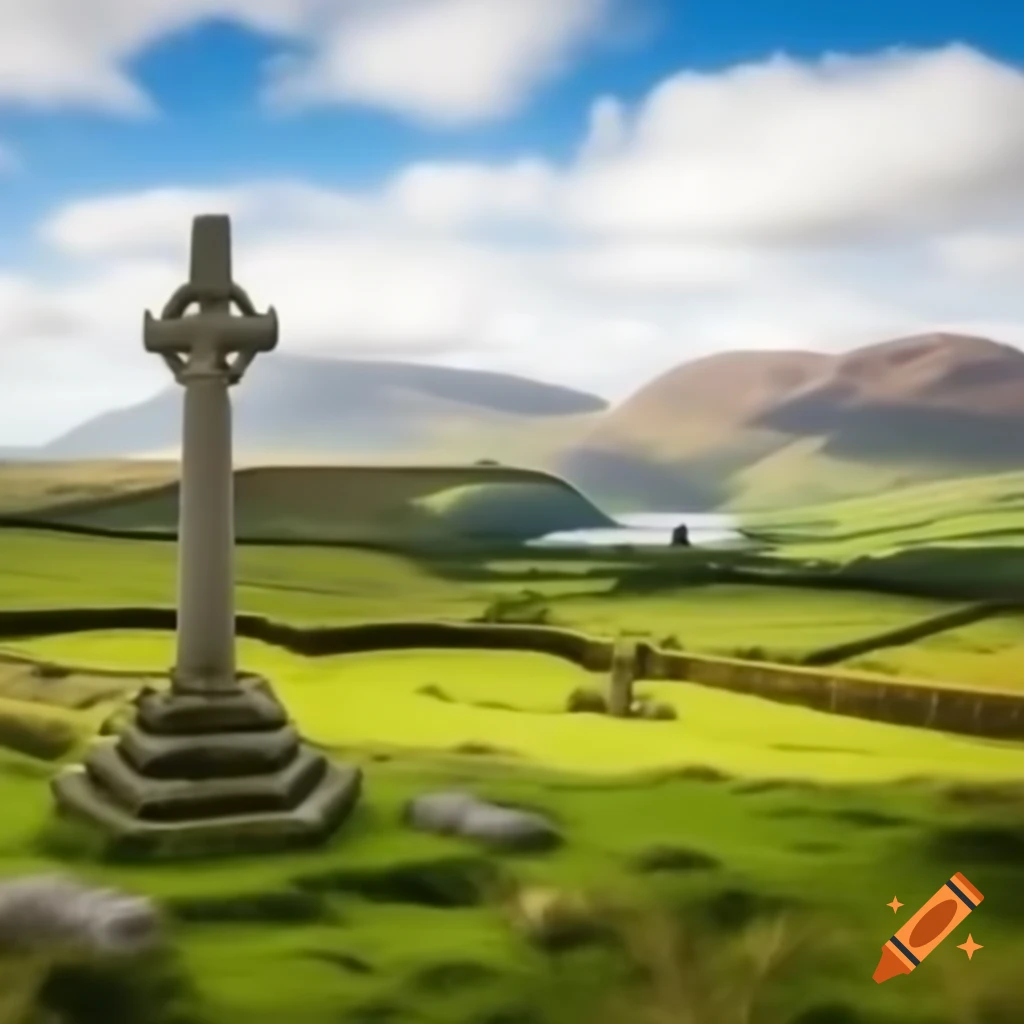 Irish landscape featuring chapel, Celtic cross, and harp