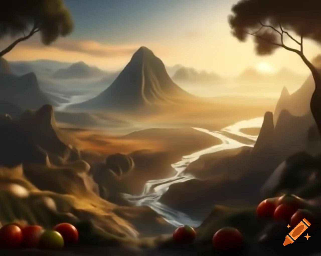 Legend of valley surrounded by ripe tomatoes and towering mountains