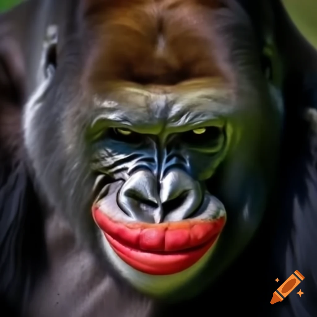 Gorilla dressed as clown with clown makeup and nose