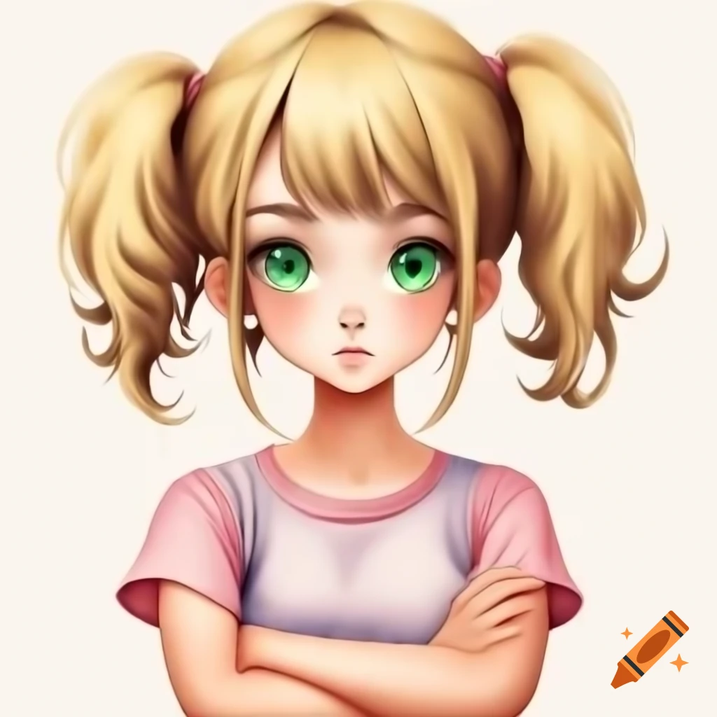 Anime-style girl with blonde hair and green eyes wearing a pink sleeveless shirt