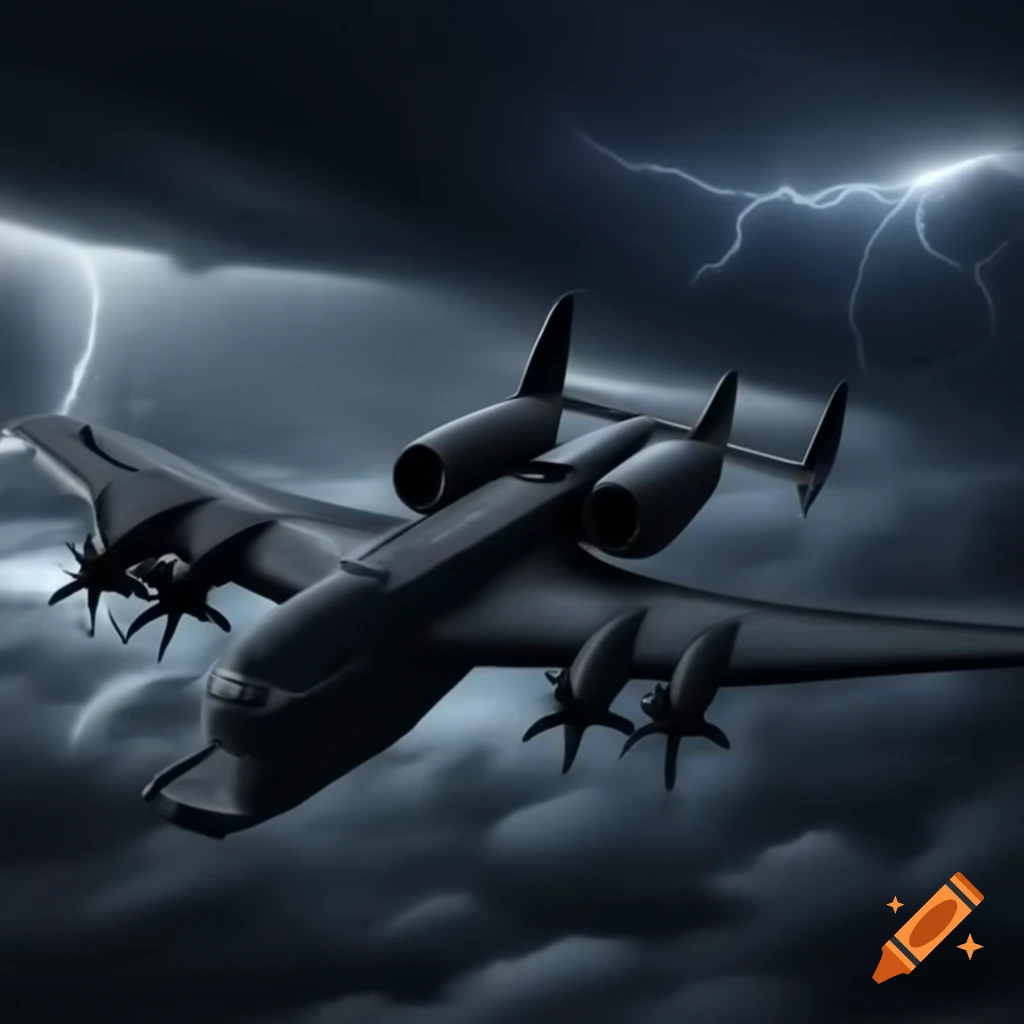 Minimalistic cargo plane approaching dark lightning storm