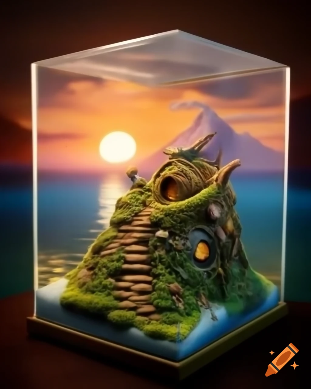 Miniature diorama of hobbit house on mountain overlooking sea at sunset