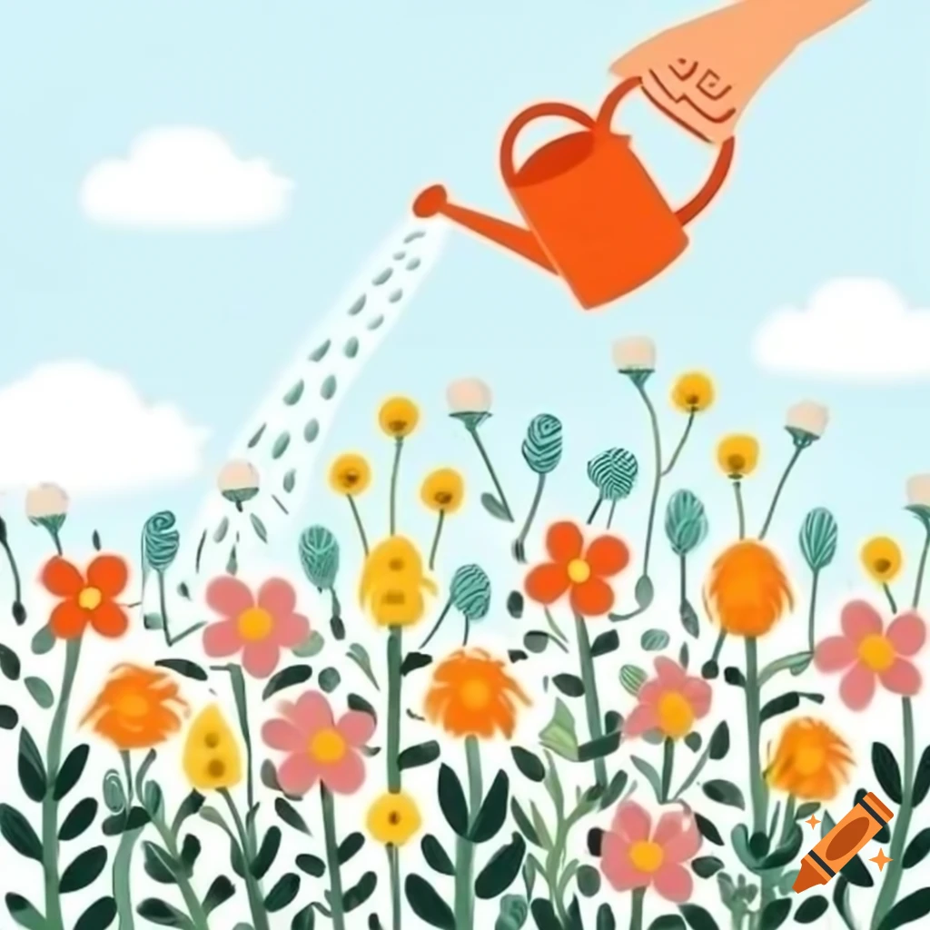 Illustration of hands watering flowers in the sky
