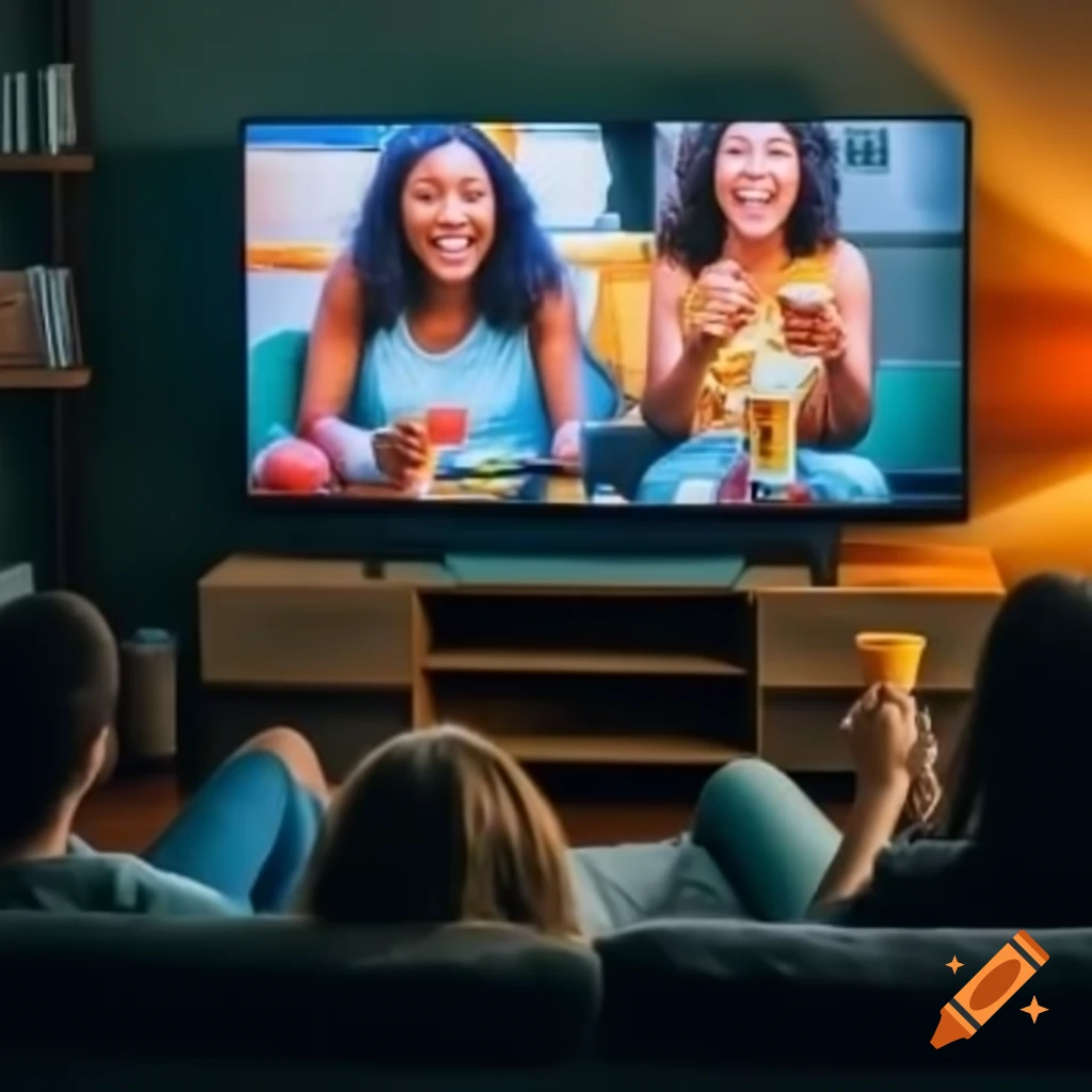 Relaxed gathering with friends watching TV on sofa with snacks and drinks