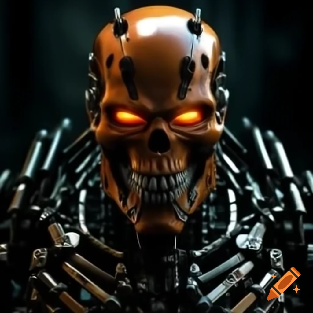 Modified Terminator endoskeleton with glowing orange eyes and rugged appearance