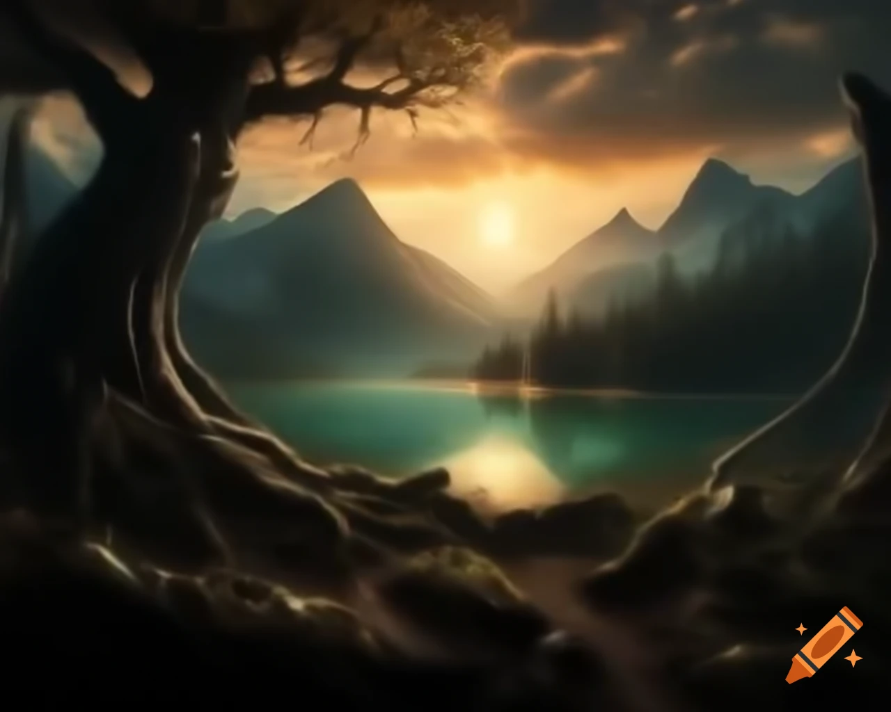 Dark fantasy scene with tree monster in forest near mountain lake