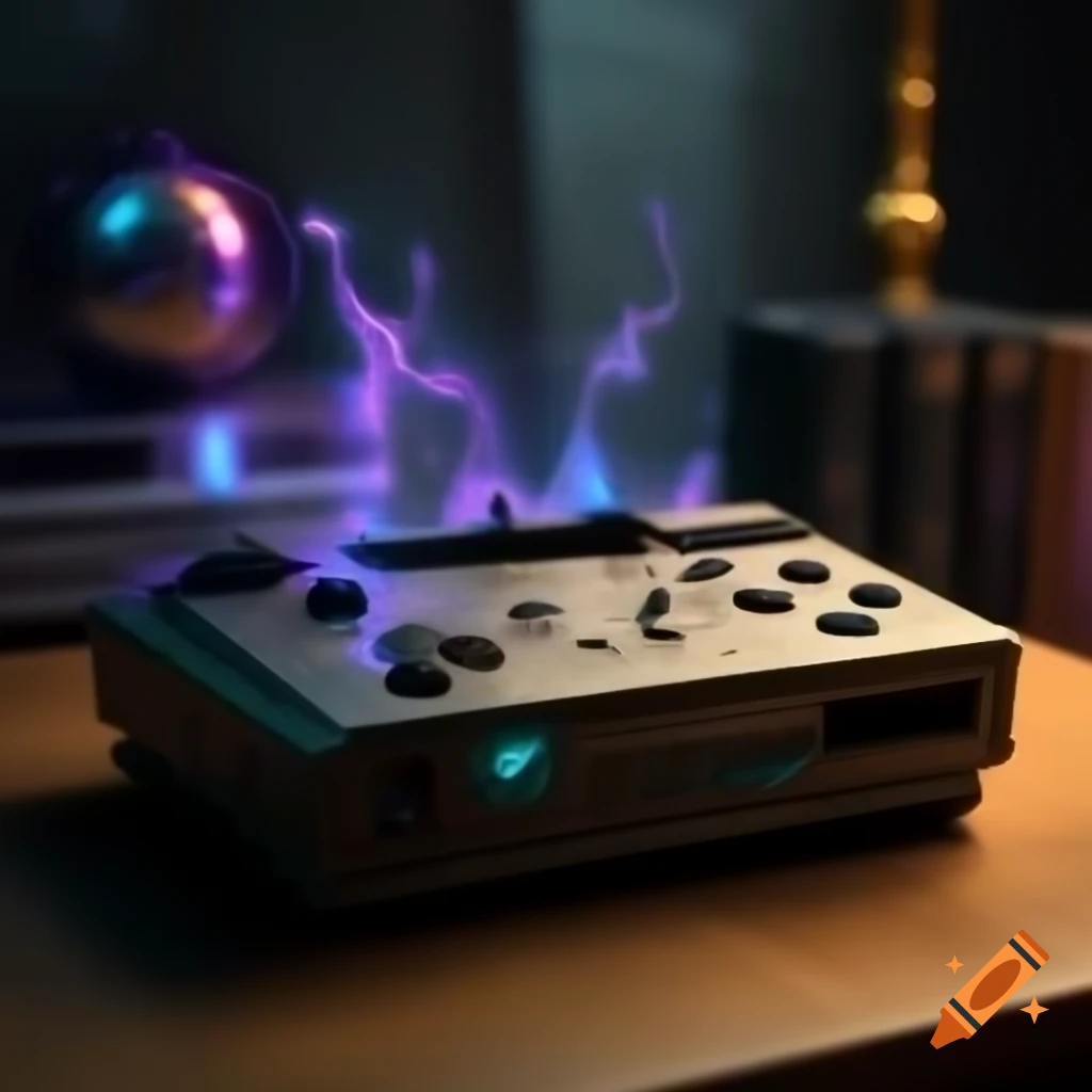 90's urban fantasy home game console powered by magic energy