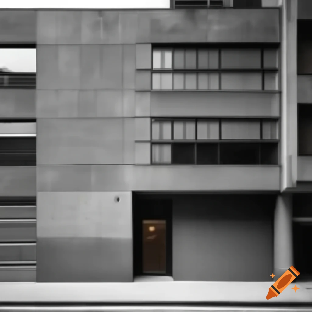 Concrete building facade with windows and doors in urban setting